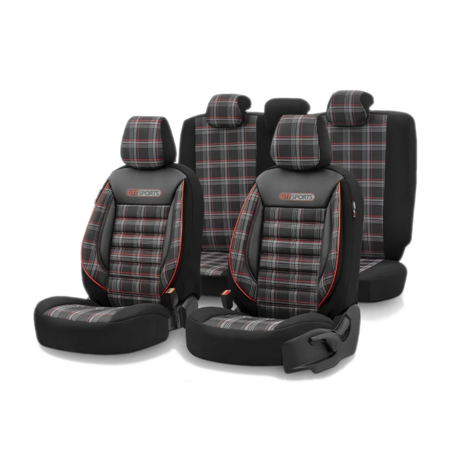 Accesorii pentru interior - Set huse scaune auto  textil cu piele ecologica GTI SPORTS Design – Neagra cu cusatura portocalie, pentru scaune fata si spate