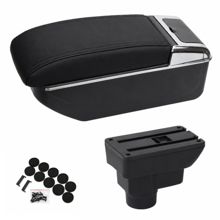 Accesorii pentru interior - Cotiera Auto pentru Opel Corsa D, Piele Ecologica, Suport Pahar si Scrumiera, Negru cu Crom
