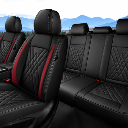 Accesorii pentru interior - Set Huse Auto universale lux din piele ecologica, negru cu rosu pentru scaune fata si spate