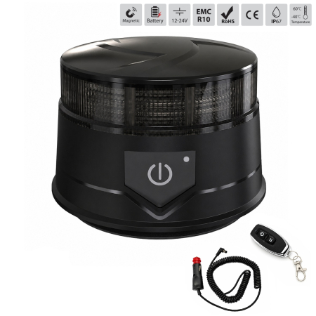 Electronice si electrice auto - Girofar LED Stroboscopic Portocaliu Fumuriu, cu Baterie Li-Ion si Telecomanda, 36 LED, 19W, 12-24V, 7 Moduri, Magnetic cu Ventuza, E9, ECE R10, IP67
