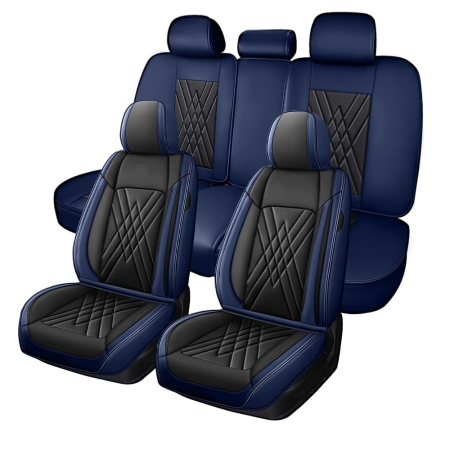 Accesorii pentru interior - Set Huse Auto universale lux din piele ecologica, albastru si negru pentru scaune fata si spate