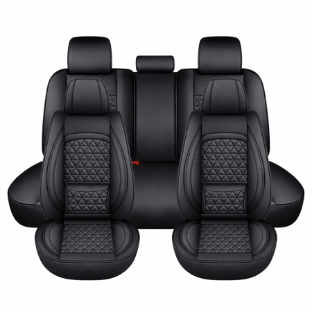 Accesorii pentru interior - Set Huse Auto universale luxoase din piele ecologica, negru cu suport lombar integrat pentru scaune fata si spate