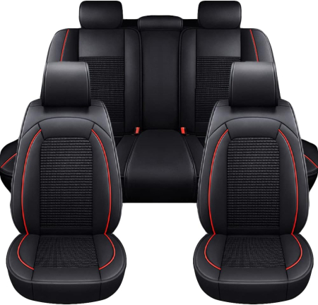 Accesorii pentru interior - Set Huse Auto universale din piele ecologica cu material textil, negru cu contur alb pentru scaune fata si spate