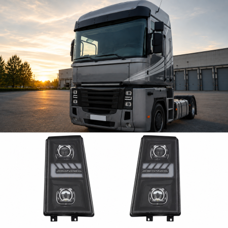 Faruri si proiectoare camion - Set Faruri LED stanga + dreapta cu 2 lupe pentru Renault Premium II / DXi / Route / Distribution, 24V, DRL Alb-Portocaliu, Startup Effect