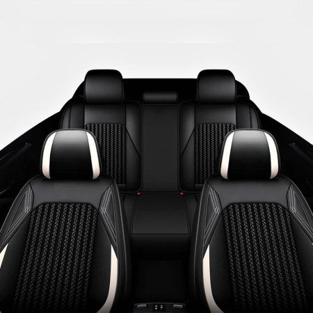 Accesorii pentru interior - Set Huse Auto universale lux din piele ecologica cu material textil, negru si alb pentru scaune fata si spate