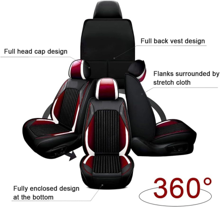 Set Huse Auto universale lux din piele ecologica cu material textil, negru cu accent rosu si alb pentru scaune fata si spate [6]