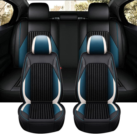 Set Huse Auto universale lux din piele ecologica cu material textil, negru cu accent alb si albastru pentru scaune fata si spate [1]