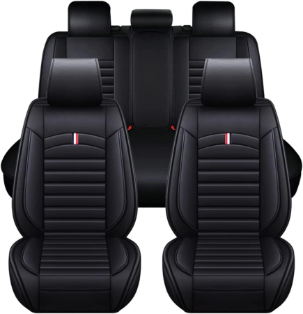 Accesorii pentru interior - Set Huse Auto universale lux din piele ecologica cu material textil, negru pentru scaune fata si spate