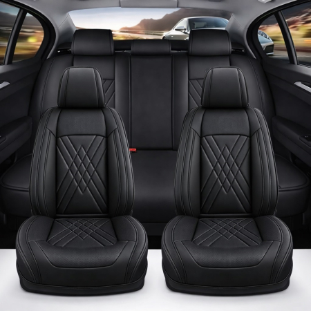 Accesorii pentru interior - Set Huse Auto universale lux din piele ecologica, negru pentru scaune fata si spate