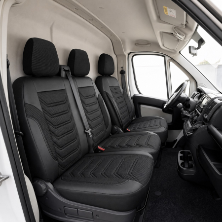 Accesorii pentru interior - Set huse scaune premium dedicate FORD TRANSIT MK8 2014-2023, Piele ecologica si material textil, Negru/Gri