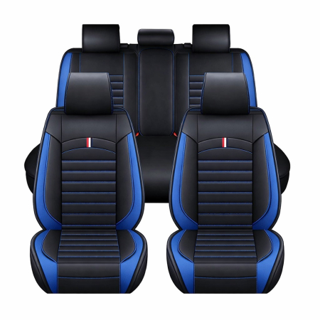 Accesorii pentru interior - Set Huse Auto universale luxdin piele ecologica, negru cu albastru pentru scaune fata si spate