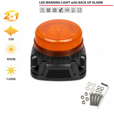 Electronice si electrice auto - Girofar LED Stroboscopic cu Alarma Sonora 97 dB, Lumina Portocalie, 14.5W, 9 Moduri, E-Mark E9, ECE R65, IP67, 12-24V
