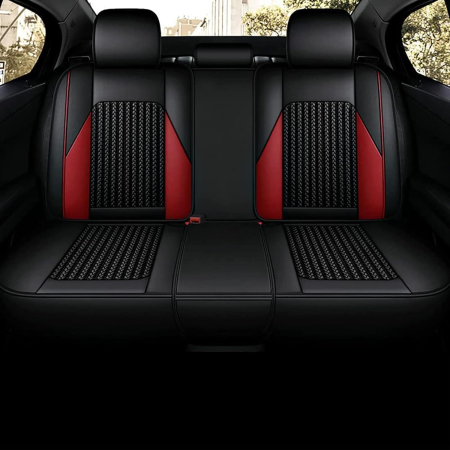 Set Huse Auto universale lux din piele ecologica cu material textil, negru cu accent rosu si alb pentru scaune fata si spate [2]