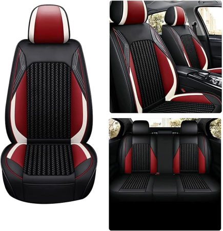 Set Huse Auto universale lux din piele ecologica cu material textil, negru cu accent rosu si alb pentru scaune fata si spate [1]