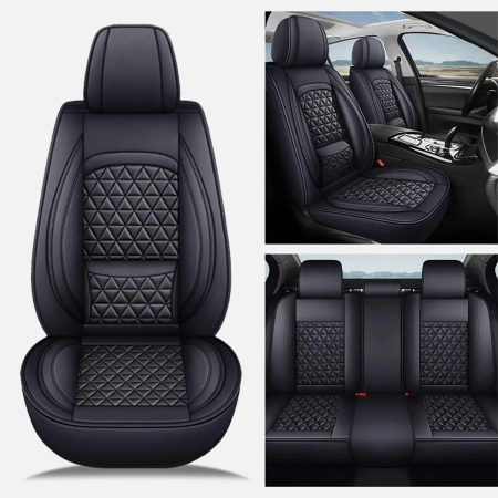 Set Huse Auto universale luxoase din piele ecologica, negru cu suport lombar integrat pentru scaune fata si spate [3]