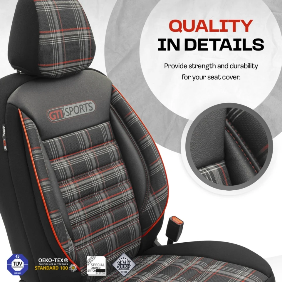 Set huse scaune auto  textil cu piele ecologica GTI SPORTS Design – Neagra cu cusatura portocalie, pentru scaune fata si spate [1]