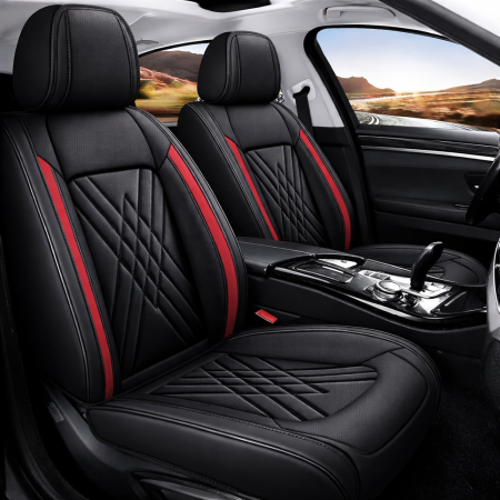 Set Huse Auto universale lux din piele ecologica, negru cu rosu pentru scaune fata si spate [4]