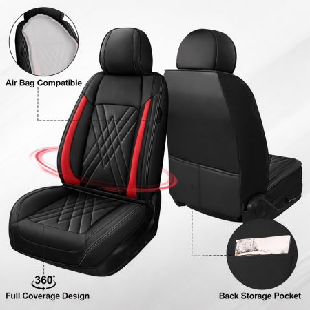 Set Huse Auto universale lux din piele ecologica, negru cu rosu pentru scaune fata si spate [5]