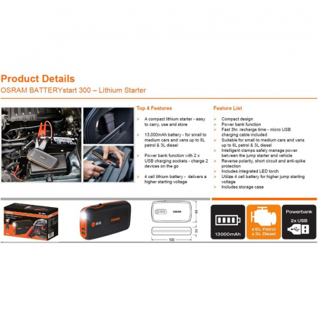 Acumulator extern / jump starter Osram BATTERYstart 300, 13000 mAh ,LiCoO2 , timp incarcare 3H, mufa Micro-USB [3]