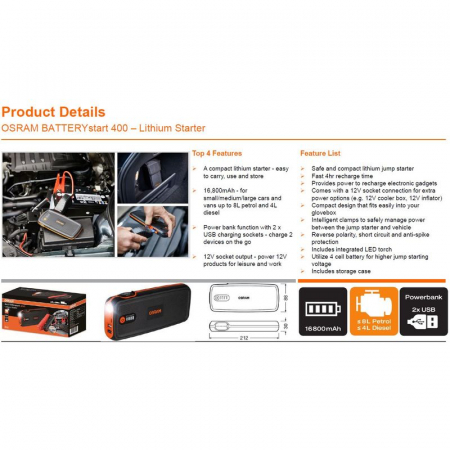 Acumulator extern / jump starter Osram BATTERYstart 400, 16800 mAh ,LiCoO2 , timp incarcare 4H, mufa Micro-USB [1]