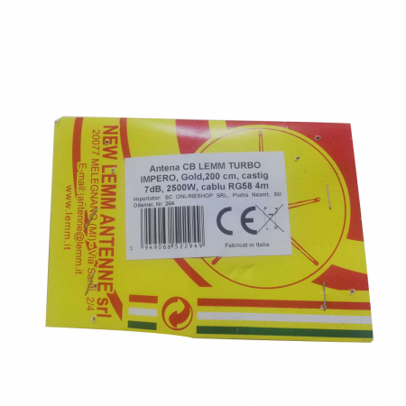 Antena CB LEMM TURBO IMPERO, Gold, lungime 200 cm, castig 7dB, 26.5-28Mhz, 2500W, cablu RG58 4m, fabricata in Italia [5]