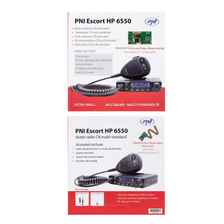 Bax cu 10 bucati statie radio CB PNI Escort HP 6550 cu PNI ECH01 instalat, multistandard, 4W, AM-FM, 12V, ASQ, cu modul de ecou [10]