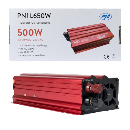 Electronice si electrice auto - Bax cu 20 bucati invertor de tensiune PNI L650W alimentare duala 12V/24V, iesire 230V, 500W, sinus modificat, mufa USB 5V 500mAh, cu clesti alimentare si mufa de bricheta inclusa