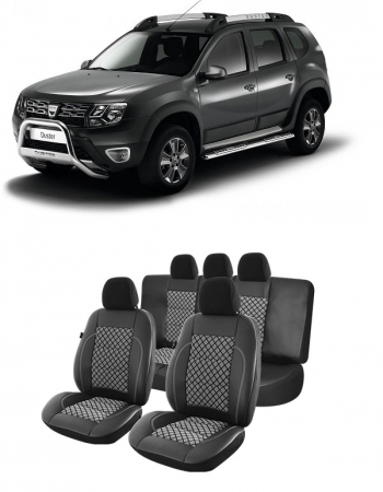 Dacia - Set huse scaune compatibile Dacia Duster 2010-2017 Piele + Textil (Compatibile cu sistem AIRBAG)
