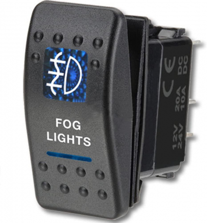 Butoane - Buton comutator Intrerupator ON/OFF "FOG LIGHTS" cu martor luminos albastru - 12V/24V, rezistent la apă