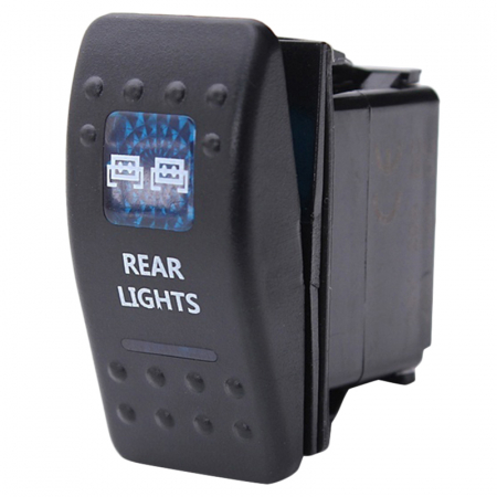 Butoane - Buton comutator Intrerupator ON/OFF "REAR LIGHTS" cu martor luminos albastru - 12V/24V, rezistent la apă
