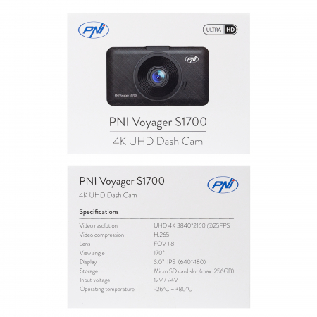Camera auto DVR PNI Voyager S1700 4K UHD, ecran 3 inch, inregistrare ciclica, monitorizare parcare, detectie miscare, alimentare 12V/24V [14]