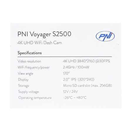 Camera auto DVR PNI Voyager S2500 WiFi, 4K UHD, ecran 2 inch, inregistrare ciclica, monitorizare parcare, detectie miscare, inregistrare video si audio, alimentare 12V/24V [10]