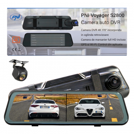 Camere auto - Camera auto DVR PNI Voyager S2800 UHD 4K 170° incorporata in oglinda retrovizoare, 9.66 inch, touchscreen IPS, monitorizare parcare, G-Sensor, slot card micro SD, USB-C, functie GPS, Wi-Fi, control di