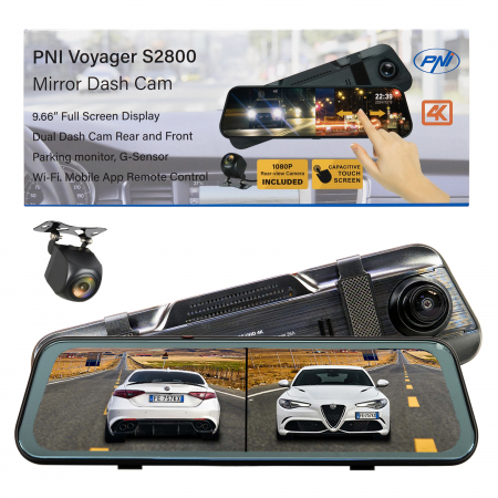 Camera auto DVR PNI Voyager S2800 UHD 4K 170° incorporata in oglinda retrovizoare, 9.66 inch, touchscreen IPS, monitorizare parcare, G-Sensor, slot card micro SD, USB-C, functie GPS, Wi-Fi, control di [1]