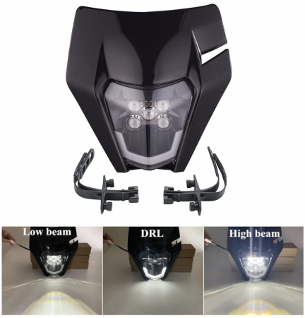 Accesorii Moto & Velo - Carena si far LED fata pentru motociclete, Negru, cu faza scurta si lunga – Model universal pentru ENDURO / Trail / Streetfighter