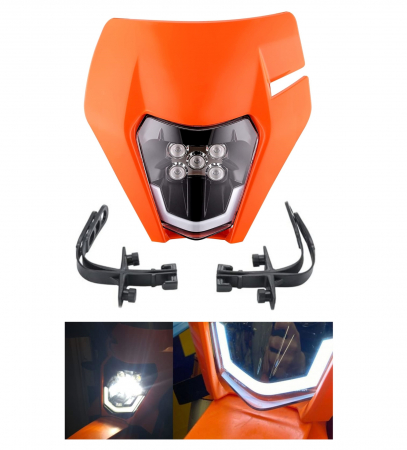 Accesorii Moto & Velo - Carena si far LED fata pentru motociclete, portocalie, cu faza scurta si lunga – Model universal pentru ENDURO / Trail / Streetfighter
