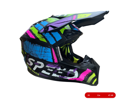 Alte accesorii - Casca copii Motocross - Enduro pentru motocicleta, ATV, bicicleta - marimea XS (47-48 cm), negru mat cu design neon multicolor