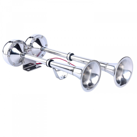 Claxoane Auto - Claxon Auto Pentru Barca, Nava, Iaht, Camion, TIR, Dubla Trompeta, Cromat, Cu o Pipa, 12V, 455 х 190 mm