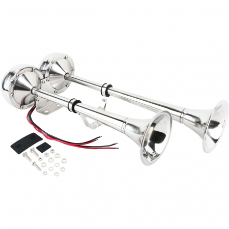 Claxon Auto Pentru Barca, Nava, Iaht, Camion, TIR, Dubla Trompeta, Cromat, Cu o Pipa, 12V, 455 х 190 mm [7]