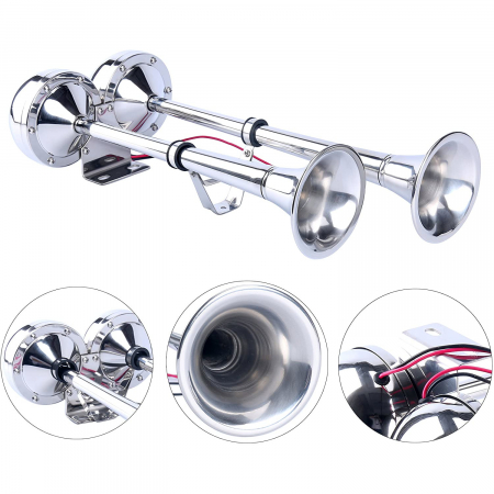 Claxon Auto Pentru Barca, Nava, Iaht, Camion, TIR, Dubla Trompeta, Cromat, Cu o Pipa, 12V, 455 х 190 mm [8]