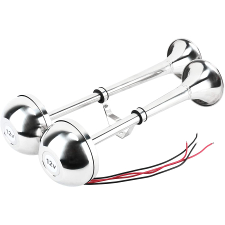 Claxoane Auto - Claxon Auto Pentru Barca, Nava, Iaht, Camion, TIR, Dubla Trompeta, Cromat, Cu o Pipa, 12V, 455 х 190 mm