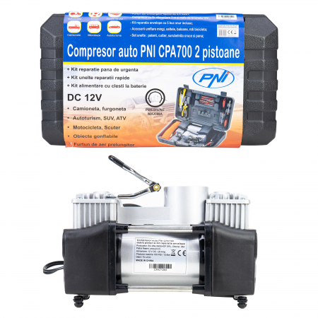 Compresor auto PNI CPA700 dublu piston si kit reparatie anvelope, 12V, 25A [10]