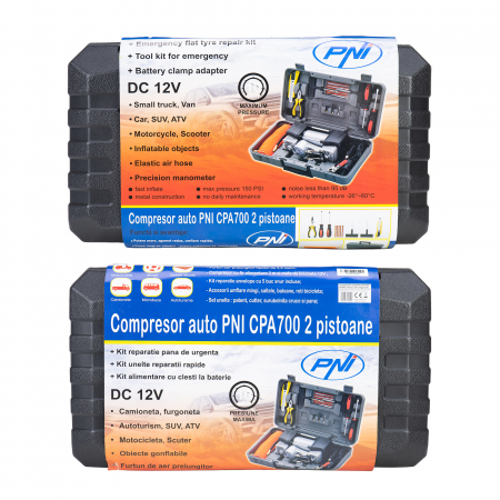 Compresor auto PNI CPA700 dublu piston si kit reparatie anvelope, 12V, 25A [5]