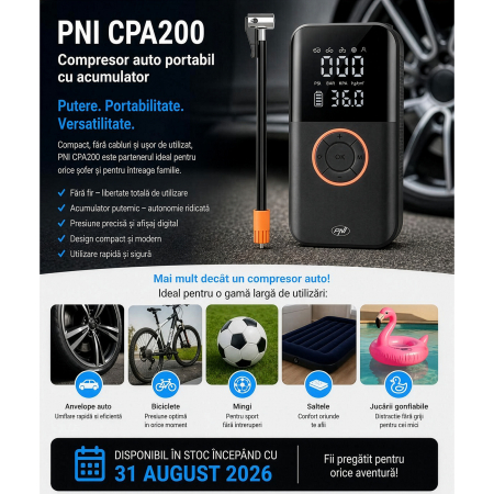 Compresor auto portabil cu acumulator PNI CPA200 20l/min, 150 PSI, ecran digital, oprire automata, husa, lanterna LED, functie power bank Li-Ion 1800mAh 20Wh, USB 5V 2A [1]