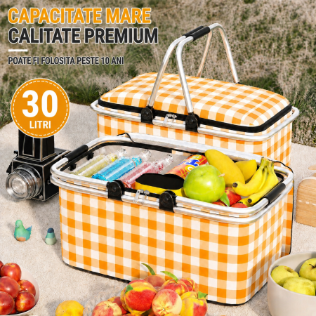 Electronice si electrice auto - Cos de Picnic Pliabil 30L - Termoizolant, Cadru Aluminiu, Capac cu Fermoar pentru Camping, Excursii si Cumparaturi