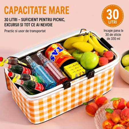 Cos de Picnic Pliabil 30L - Termoizolant, Cadru Aluminiu, Capac cu Fermoar pentru Camping, Excursii si Cumparaturi [1]