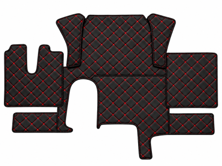 Covorase Piele Camion - Covorase Auto din Piele Ecologica pentru MAN TGX, Cutie Automata, Cutie Mare, Doua Sertare, Matlasate, Premium, Culoare Negru cu Cusatura Rosie