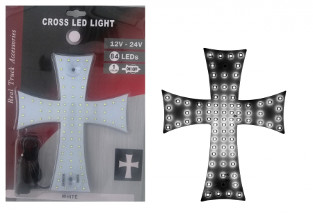 Noutati Real Auto - Cruce luminoasa Alb autoturism si camion, 84 LED-uri, 12-24V prindere cu ventuze, 23 x 25 cm