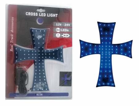 Noutati Real Auto - Cruce luminoasa albastra autoturism si camion, 84 LED-uri, 12-24V prindere cu ventuze, 23 x 25 cm
