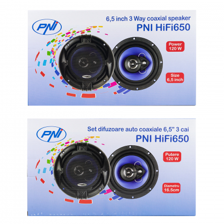 Boxe Auto - Difuzoare auto coaxiale PNI HiFi650, 120W, 16.5 cm, 3 cai, grila inclusa set 2 buc